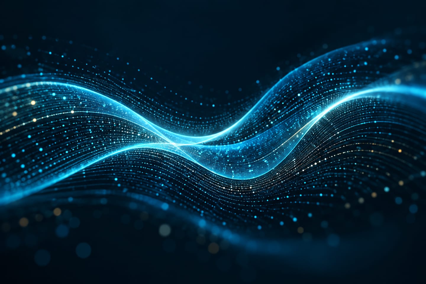 Waves of glowing blue dots and light trails curving across a dark blue background.