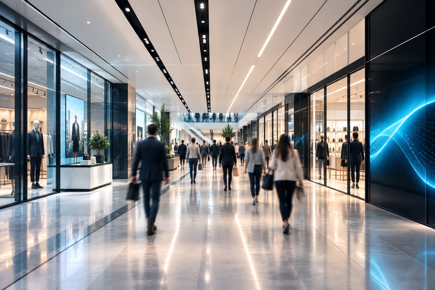 The bright interior of a modern retail gallery, shoppers moving between storefronts with a large blue digital screen on the right.