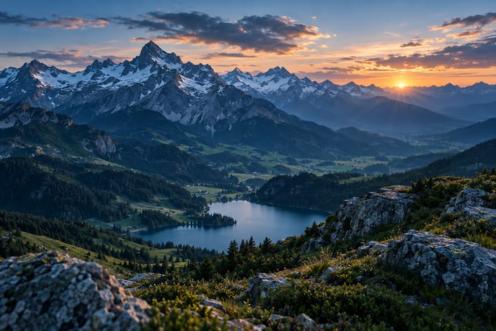 A valley and lake seen from a rocky ridge, snow-capped peaks catching the sunset.